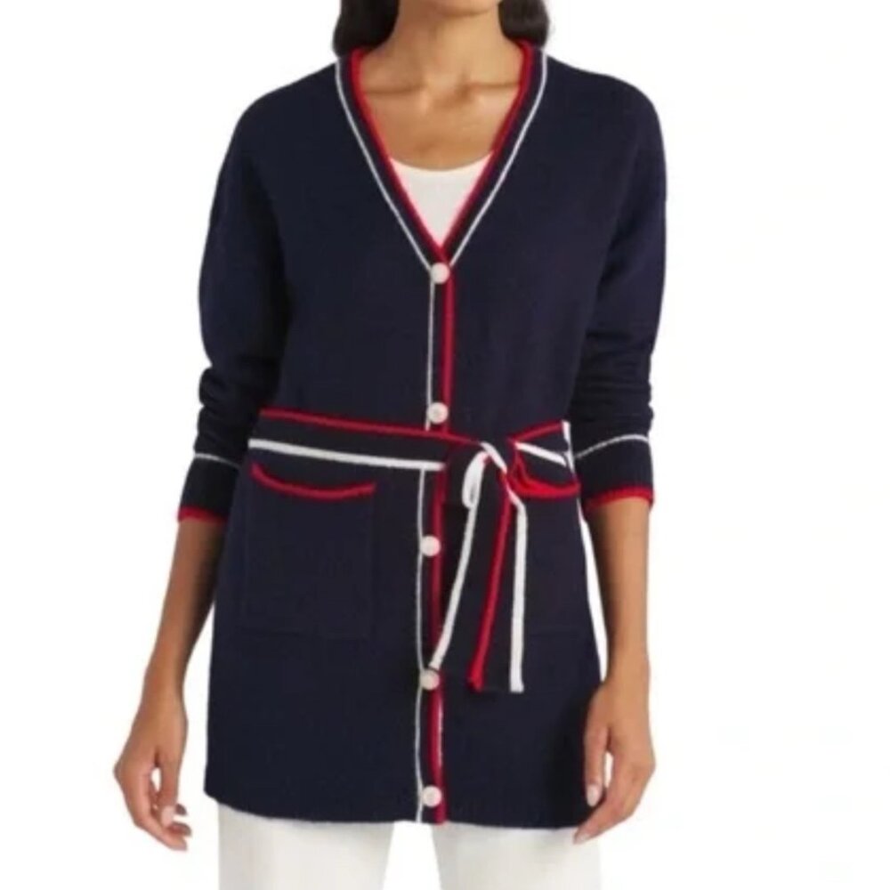 Vigoss Navy Longline Belted Cardigan Sz M Pearl Gold Buttons Nautical Trim NWT